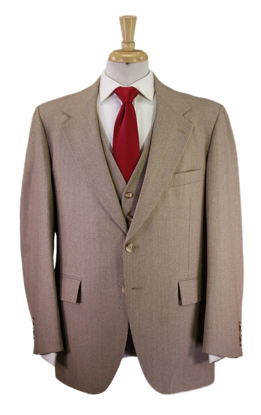 Vintage 1970s Brown Pinstripe 3-Piece Polyester Disco Flared Pants Suit 44R